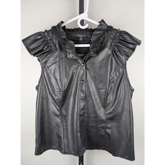 Marc New York Andrew Marc black Faux Leather Short Sleeve Top Ruffles - Picture 1 of 5